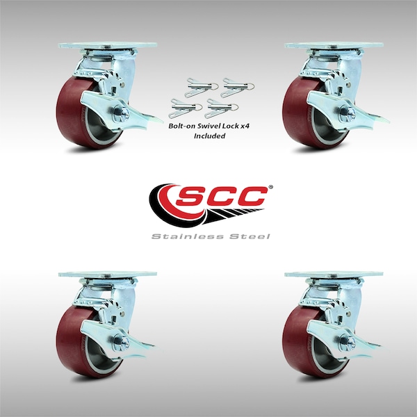 4 Inch SS Poly on Aluminum Caster Set with Roller Bearings and Brake/Swivel Lock